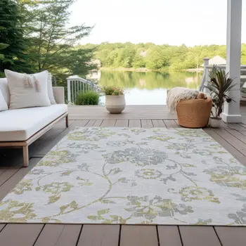 9' X 12' Silver Gray And Gold Floral Washable Indoor Outdoor Area Rug