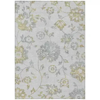 9' X 12' Silver Gray And Gold Floral Washable Indoor Outdoor Area Rug