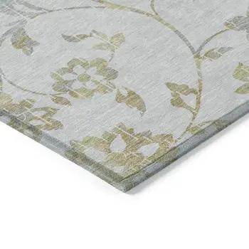 9' X 12' Silver Gray And Gold Floral Washable Indoor Outdoor Area Rug