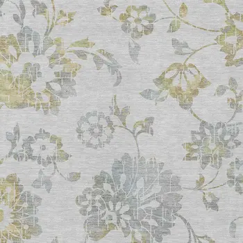9' X 12' Silver Gray And Gold Floral Washable Indoor Outdoor Area Rug