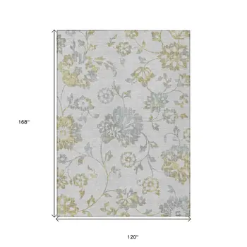 10' X 14' Silver Gray And Gold Floral Washable Indoor Outdoor Area Rug