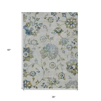 3' X 5' Taupe Navy Blue And Denim Blue Floral Washable Indoor Outdoor Area Rug