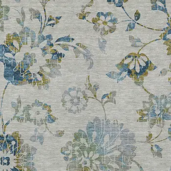 3' X 5' Taupe Navy Blue And Denim Blue Floral Washable Indoor Outdoor Area Rug