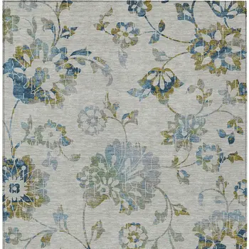 5' X 8' Taupe Navy Blue And Denim Blue Floral Washable Indoor Outdoor Area Rug