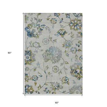 5' X 8' Taupe Navy Blue And Denim Blue Floral Washable Indoor Outdoor Area Rug