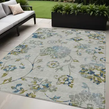 5' X 8' Taupe Navy Blue And Denim Blue Floral Washable Indoor Outdoor Area Rug