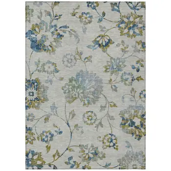 5' X 8' Taupe Navy Blue And Denim Blue Floral Washable Indoor Outdoor Area Rug