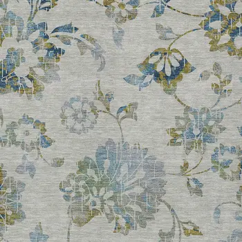 5' X 8' Taupe Navy Blue And Denim Blue Floral Washable Indoor Outdoor Area Rug