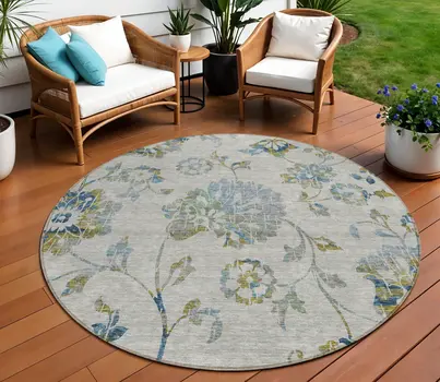 8' Taupe Navy Blue And Denim Blue Round Floral Washable Indoor Outdoor Area Rug