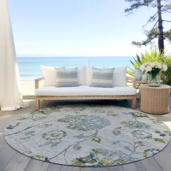 8' Taupe Navy Blue And Denim Blue Round Floral Washable Indoor Outdoor Area Rug