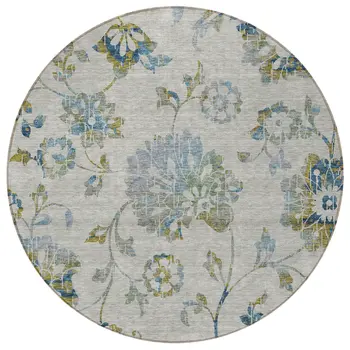 8' Taupe Navy Blue And Denim Blue Round Floral Washable Indoor Outdoor Area Rug