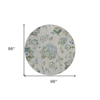 8' Taupe Navy Blue And Denim Blue Round Floral Washable Indoor Outdoor Area Rug