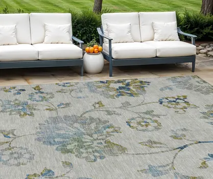 9' X 12' Taupe Navy Blue And Denim Blue Floral Washable Indoor Outdoor Area Rug