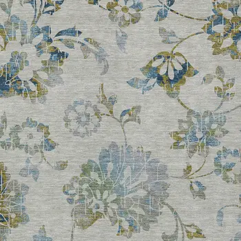 9' X 12' Taupe Navy Blue And Denim Blue Floral Washable Indoor Outdoor Area Rug