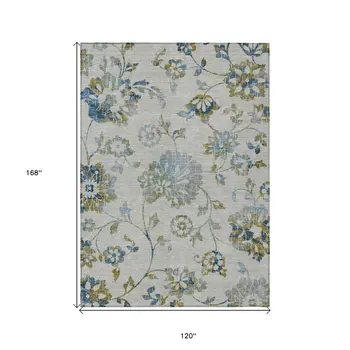 10' X 14' Taupe Navy Blue And Denim Blue Floral Washable Indoor Outdoor Area Rug
