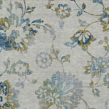 10' X 14' Taupe Navy Blue And Denim Blue Floral Washable Indoor Outdoor Area Rug