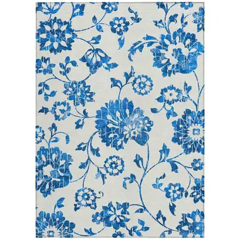 3' X 5' White And Denim Blue Floral Washable Indoor Outdoor Area Rug