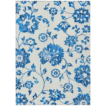3' X 5' White And Denim Blue Floral Washable Indoor Outdoor Area Rug