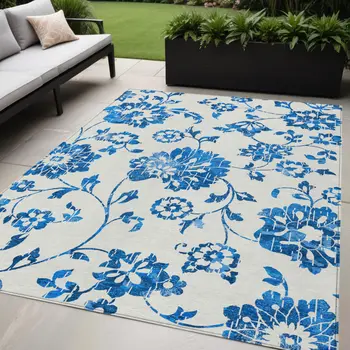 5' X 8' White And Denim Blue Floral Washable Indoor Outdoor Area Rug