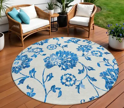 8' White And Denim Blue Round Floral Washable Indoor Outdoor Area Rug