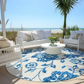 8' White And Denim Blue Round Floral Washable Indoor Outdoor Area Rug