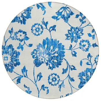 8' White And Denim Blue Round Floral Washable Indoor Outdoor Area Rug