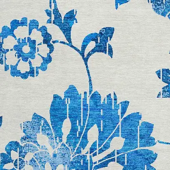 8' White And Denim Blue Round Floral Washable Indoor Outdoor Area Rug