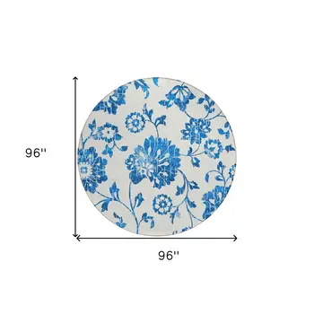 8' White And Denim Blue Round Floral Washable Indoor Outdoor Area Rug