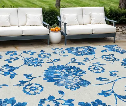 8' X 10' White And Denim Blue Floral Washable Indoor Outdoor Area Rug