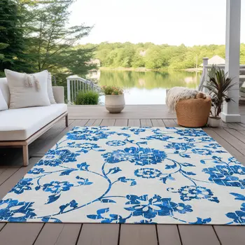 9' X 12' White And Denim Blue Floral Washable Indoor Outdoor Area Rug