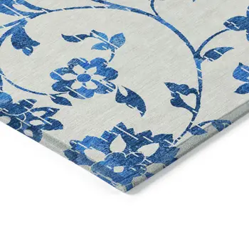 9' X 12' White And Denim Blue Floral Washable Indoor Outdoor Area Rug