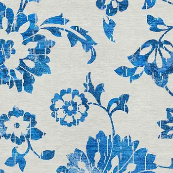 9' X 12' White And Denim Blue Floral Washable Indoor Outdoor Area Rug