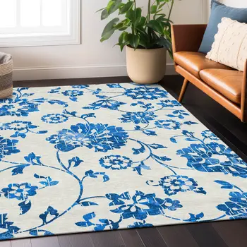 9' X 12' White And Denim Blue Floral Washable Indoor Outdoor Area Rug