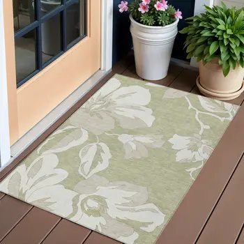 3' X 5' Artichoke Green Ivory And Taupe Floral Washable Indoor Outdoor Area Rug