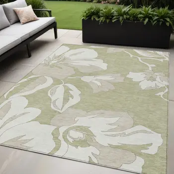 5' X 8' Artichoke Green Ivory And Taupe Floral Washable Indoor Outdoor Area Rug