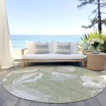 8' Artichoke Green Ivory And Taupe Round Floral Washable Indoor Outdoor Area Rug