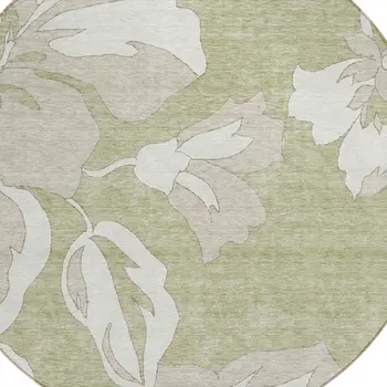 8' Artichoke Green Ivory And Taupe Round Floral Washable Indoor Outdoor Area Rug