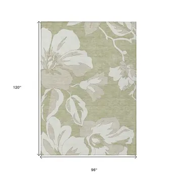 8' X 10' Artichoke Green Ivory And Taupe Floral Washable Indoor Outdoor Area Rug