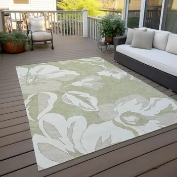 8' X 10' Artichoke Green Ivory And Taupe Floral Washable Indoor Outdoor Area Rug