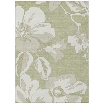 8' X 10' Artichoke Green Ivory And Taupe Floral Washable Indoor Outdoor Area Rug