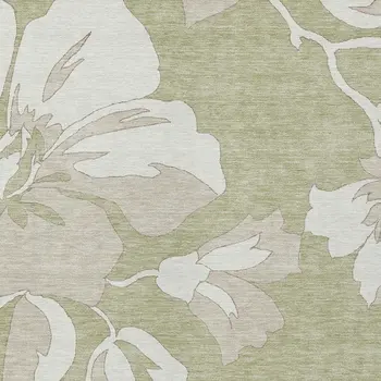 8' X 10' Artichoke Green Ivory And Taupe Floral Washable Indoor Outdoor Area Rug