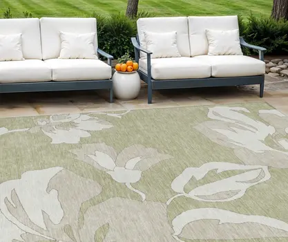 9' X 12' Artichoke Green Ivory And Taupe Floral Washable Indoor Outdoor Area Rug