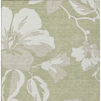 10' X 14' Artichoke Green Ivory And Taupe Floral Washable Indoor Outdoor Area Rug