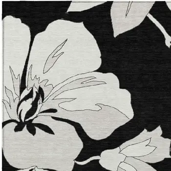 3' X 5' Black Gray And Silver Floral Washable Indoor Outdoor Area Rug