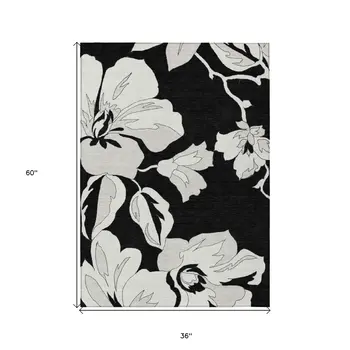 3' X 5' Black Gray And Silver Floral Washable Indoor Outdoor Area Rug