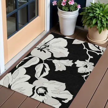 3' X 5' Black Gray And Silver Floral Washable Indoor Outdoor Area Rug