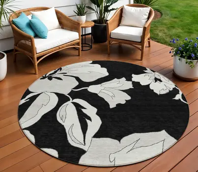 8' Black Gray And Silver Round Floral Washable Indoor Outdoor Area Rug