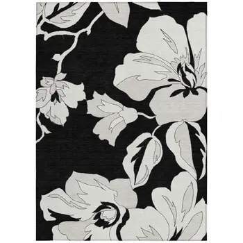 9' X 12' Black Gray And Silver Floral Washable Indoor Outdoor Area Rug