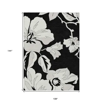 9' X 12' Black Gray And Silver Floral Washable Indoor Outdoor Area Rug