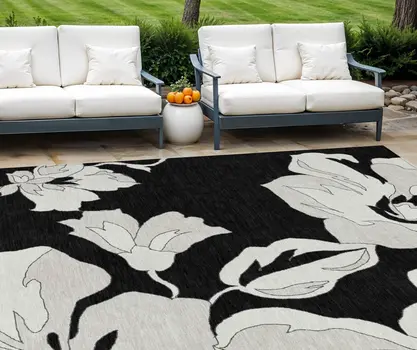 9' X 12' Black Gray And Silver Floral Washable Indoor Outdoor Area Rug